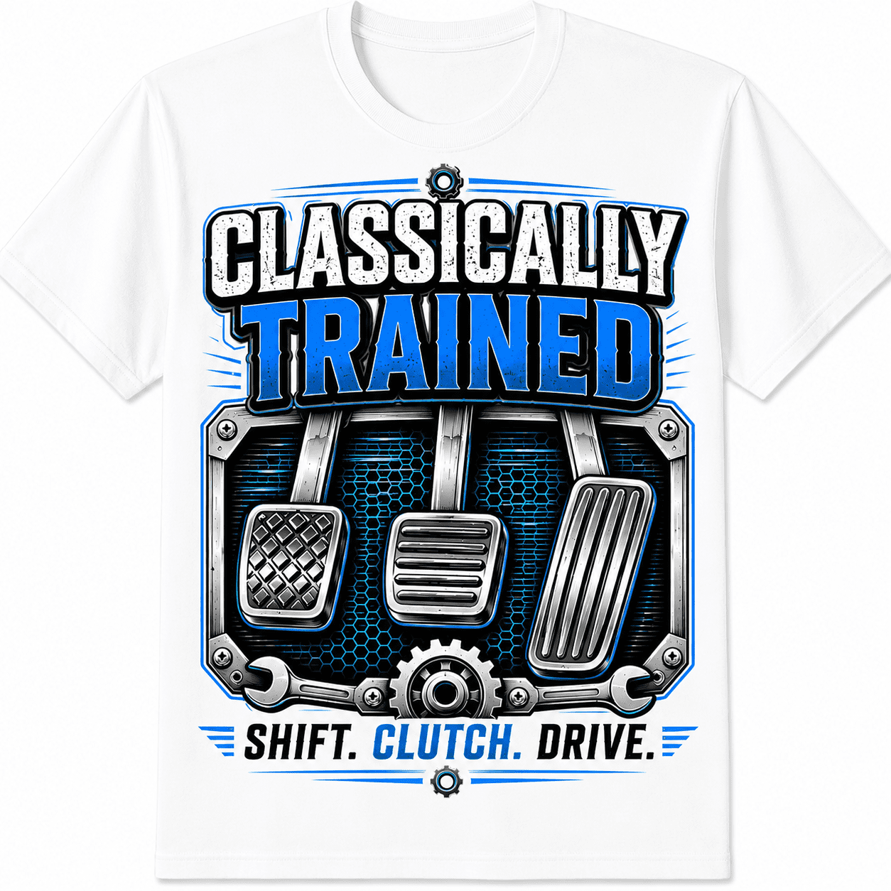 Classically Trained Manual Transmission Graphic T-Shirt for Adults, Unisex Stick Shift Car Pedals Tee, Funny Mechanic Driver Gift, Automotive Car Enthusiast Cotton Shirt