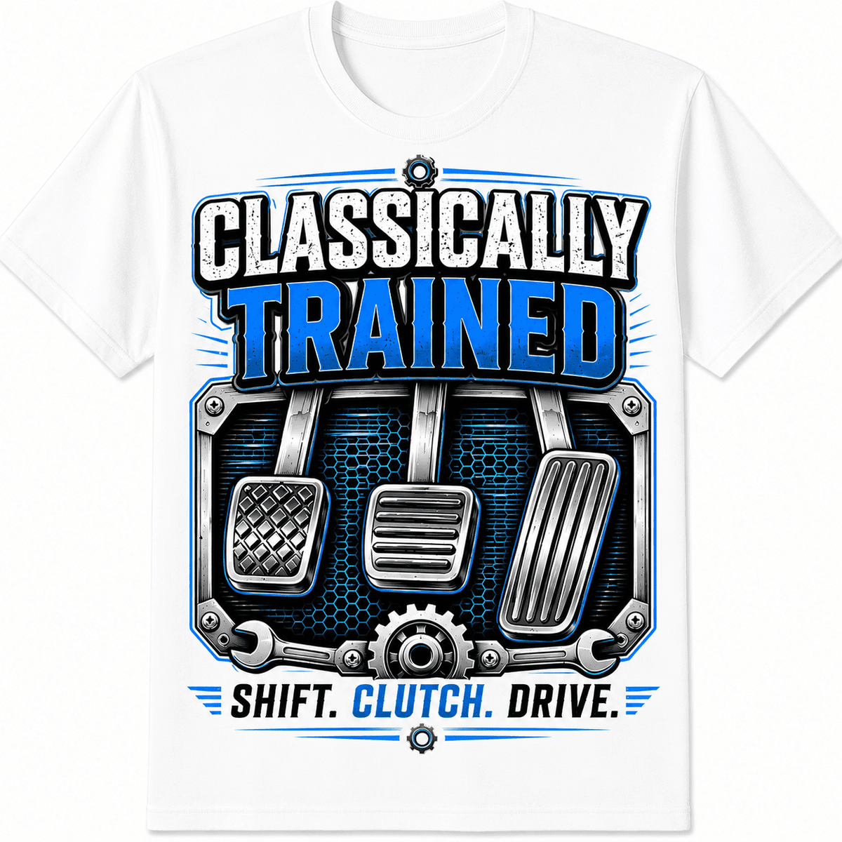 Classically Trained Manual Transmission Graphic T-Shirt for Adults, Unisex Stick Shift Car Pedals Tee, Funny Mechanic Driver Gift, Automotive Car Enthusiast Cotton Shirt