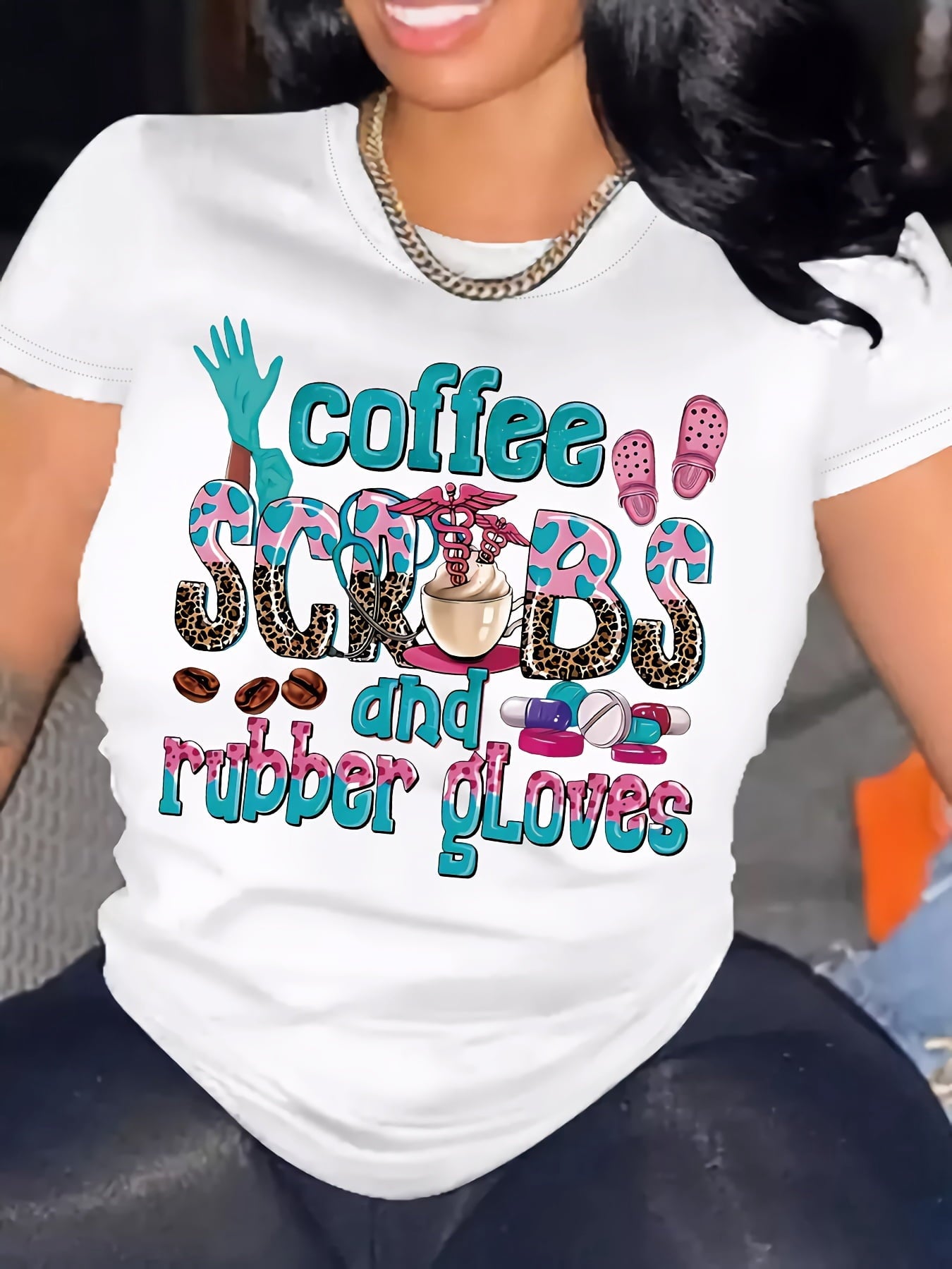 Coffee And Rubber Gloves Graphic Tee for Women, Funny Nurse Medical Short Sleeve T-Shirt, Casual Crew Neck Top for Healthcare Worker Daily Wear Gift