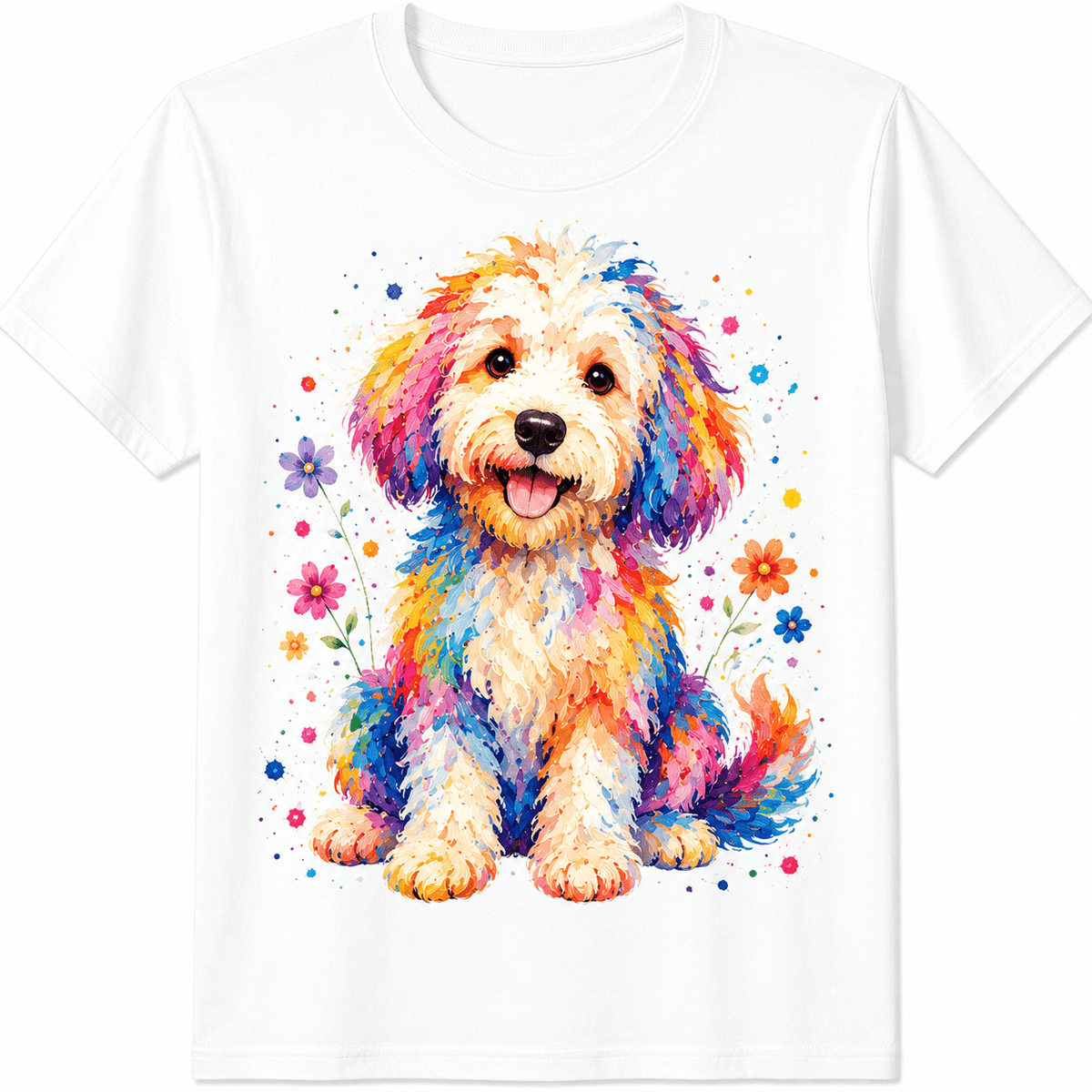 Colorful Doodle Dog Graphic T-Shirt for Adults Unisex Cute Watercolor Puppy Pet Lover Shirt Rainbow Dog Lover Casual Short Sleeve Crewneck Graphic Tee Funny Animal Lover Gift Birthday Christmas Prese