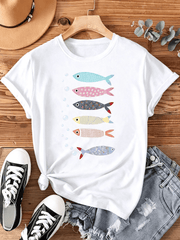 Colorful Fish Graphic T‑Shirt for Women, Casual Crewneck Short Sleeve Tee, Ocean Sea Creature Art Print Everyday Tops