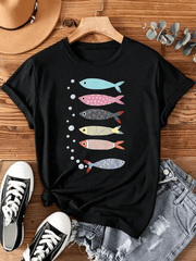 Colorful Fish Graphic T‑Shirt for Women, Casual Crewneck Short Sleeve Tee, Ocean Sea Creature Art Print Everyday Tops
