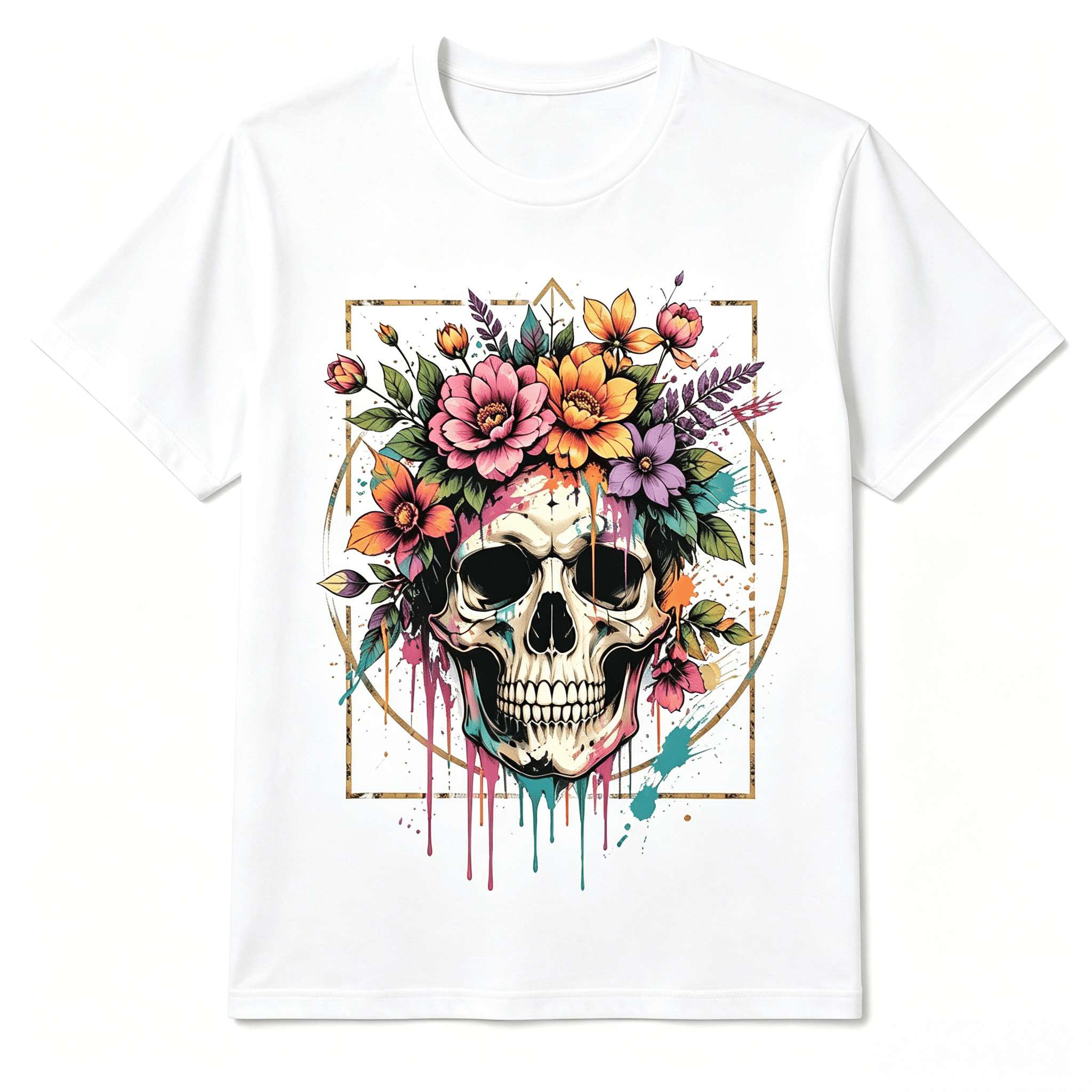 Colorful Floral Skull Graphic T-Shirt Vibrant Paint Drip Splash Wild Peony Flower Crown Gothic Streetwear Crew Neck Short Sleeve Tee for Men Women