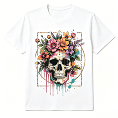 Colorful Floral Skull Graphic T-Shirt Vibrant Paint Drip Splash Wild Peony Flower Crown Gothic Streetwear Crew Neck Short Sleeve Tee for Men Women