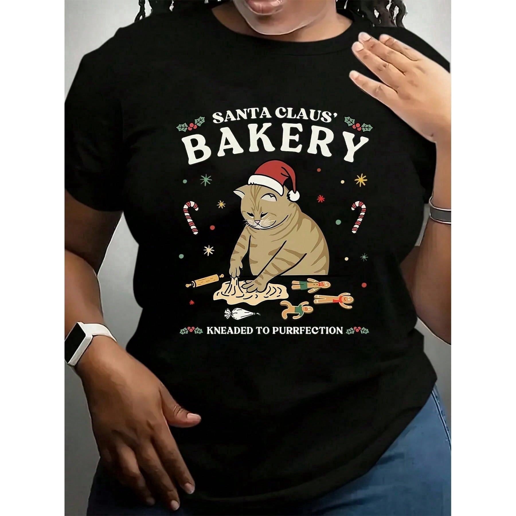 Comfortable Christmas Cat Bakery Print Casual Tee - Women's Polyester Blend Crew Neck T-Shirt - Regular Length, Knit Fabric, Rayon And Spandex