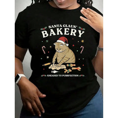 Comfortable Christmas Cat Bakery Print Casual Tee - Women's Polyester Blend Crew Neck T-Shirt - Regular Length, Knit Fabric, Rayon And Spandex