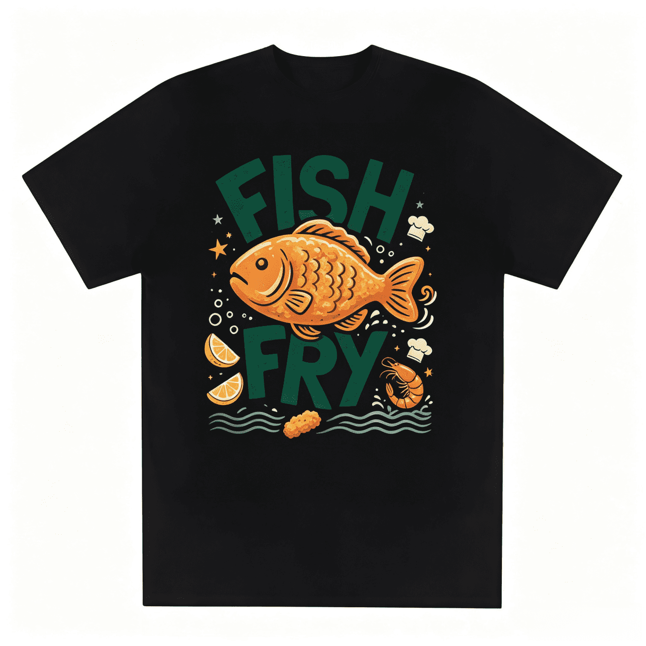 Crew Neck Cotton Short Sleeve T-Shirt, Retro Fish Fry Fried Fish Shrimp Lemon Chef Hat Wave Star Seafood Lover Graphic Relaxed Fit Daily Casual Tee