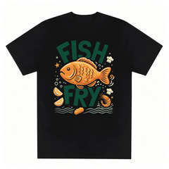 Crew Neck Cotton Short Sleeve T-Shirt, Retro Fish Fry Fried Fish Shrimp Lemon Chef Hat Wave Star Seafood Lover Graphic Relaxed Fit Daily Casual Tee