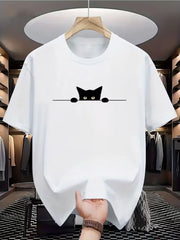 Crew Neck Shirt, Cute Cat Pattern Fun Design, Casual Summer Wear Travel-Friendly Apparel, Short Sleeve, Breathable Fabric Machine Washable, Black, Daily Essential