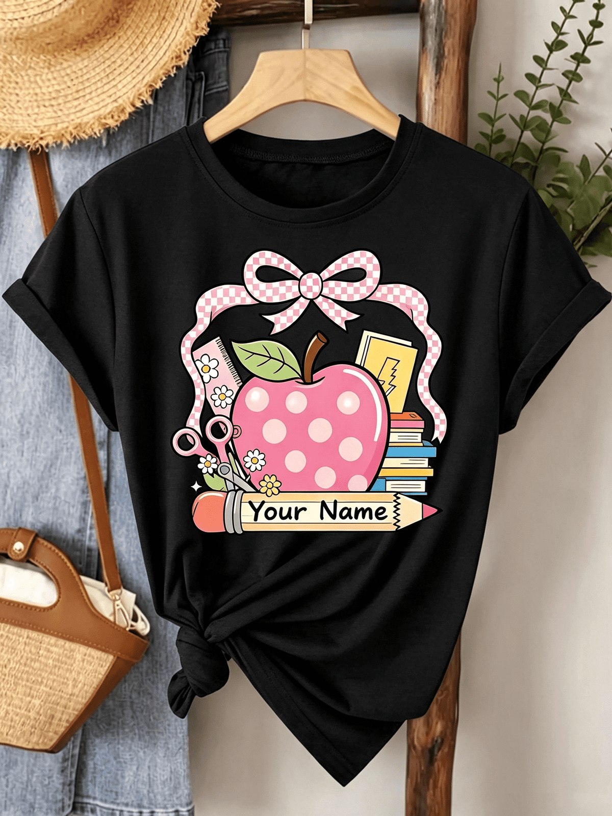 Custom Teacher Graphic T‑Shirt, Personalized Name Coquette Apple Bow School Supplies Print Casual Crewneck Short Sleeve Tee for Women Teacher Appreciation Gift