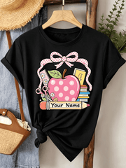 Custom Teacher Graphic T‑Shirt, Personalized Name Coquette Apple Bow School Supplies Print Casual Crewneck Short Sleeve Tee for Women Teacher Appreciation Gift