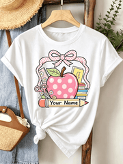 Custom Teacher Graphic T‑Shirt, Personalized Name Coquette Apple Bow School Supplies Print Casual Crewneck Short Sleeve Tee for Women Teacher Appreciation Gift