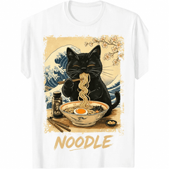 Cute Black Cat Eating Noodles Graphic T-Shirt Japanese Style Ramen Cat Vintage Funny Animal Tee for Men Women