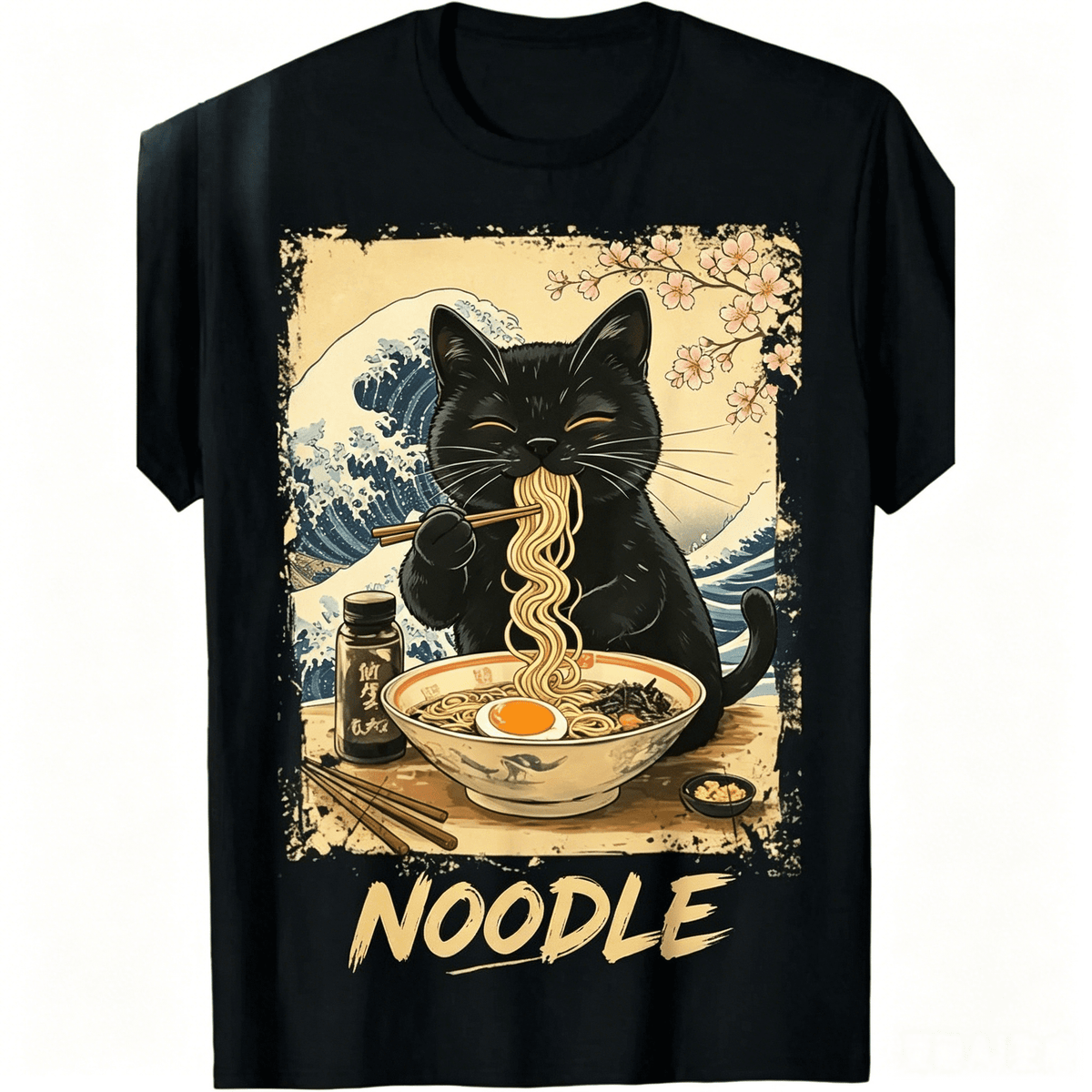 Cute Black Cat Eating Noodles Graphic T-Shirt Japanese Style Ramen Cat Vintage Funny Animal Tee for Men Women