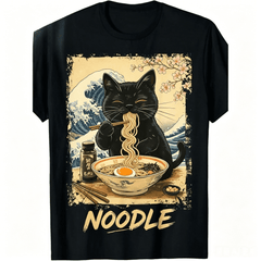 Cute Black Cat Eating Noodles Graphic T-Shirt Japanese Style Ramen Cat Vintage Funny Animal Tee for Men Women