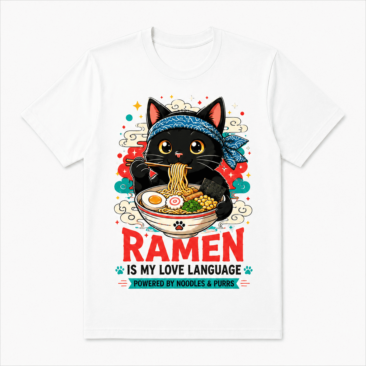 Cute Black Cat Eating Ramen T-Shirt Funny Ramen Is My Love Language Graphic Tee Kawaii Anime Style Noodle Lover Shirt Japanese Food Lover Gift Cat Lover Unisex Casual Tee