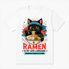 Cute Black Cat Eating Ramen T-Shirt Funny Ramen Is My Love Language Graphic Tee Kawaii Anime Style Noodle Lover Shirt Japanese Food Lover Gift Cat Lover Unisex Casual Tee