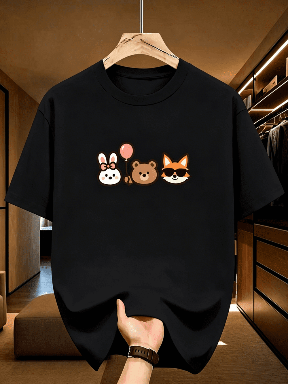 Cute Cartoon Animal Friends Graphic Tee, Bunny Bear Fox Print T-Shirt for Women Men, Casual Everyday Top