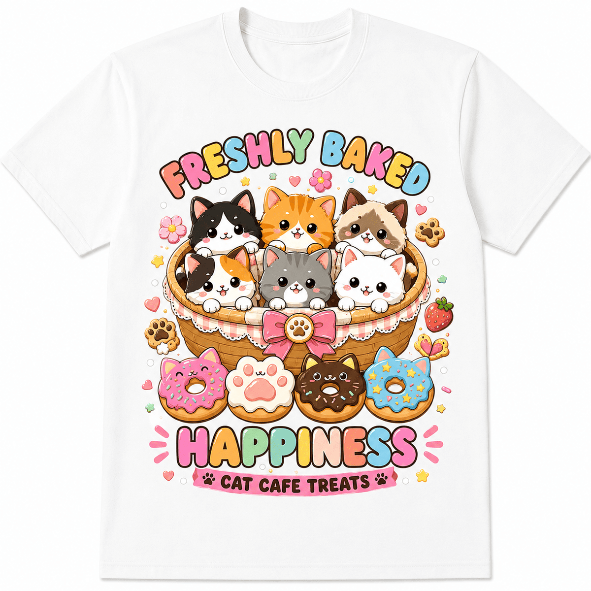 Cute Cat Bakery Graphic T-Shirt for Women, Kawaii Cat Cafe Donut Tee, Adorable Cartoon Kitten Dessert Shirt, Cat Lover Casual Short Sleeve Top