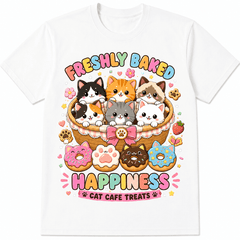 Cute Cat Bakery Graphic T-Shirt for Women, Kawaii Cat Cafe Donut Tee, Adorable Cartoon Kitten Dessert Shirt, Cat Lover Casual Short Sleeve Top