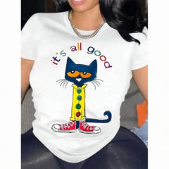 Cute Cat Graphic T-Shirt for Women, It's All Good Positive Quote Tee, Casual Crew Neck Short Sleeve Cotton Blend Shirt, Colorful Cartoon Style Everyday Graphic Top