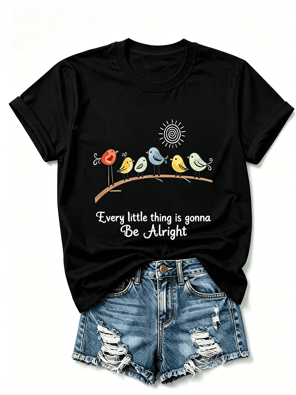 Cute Colorful Birds Sun Graphic T‑Shirt for Women, Positive Quote Casual Short Sleeve Crewneck Tee