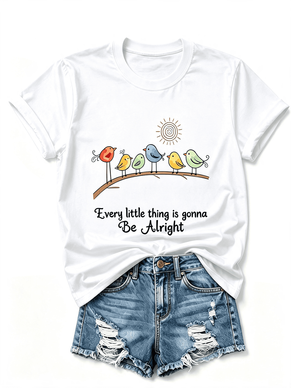 Cute Colorful Birds Sun Graphic T‑Shirt for Women, Positive Quote Casual Short Sleeve Crewneck Tee