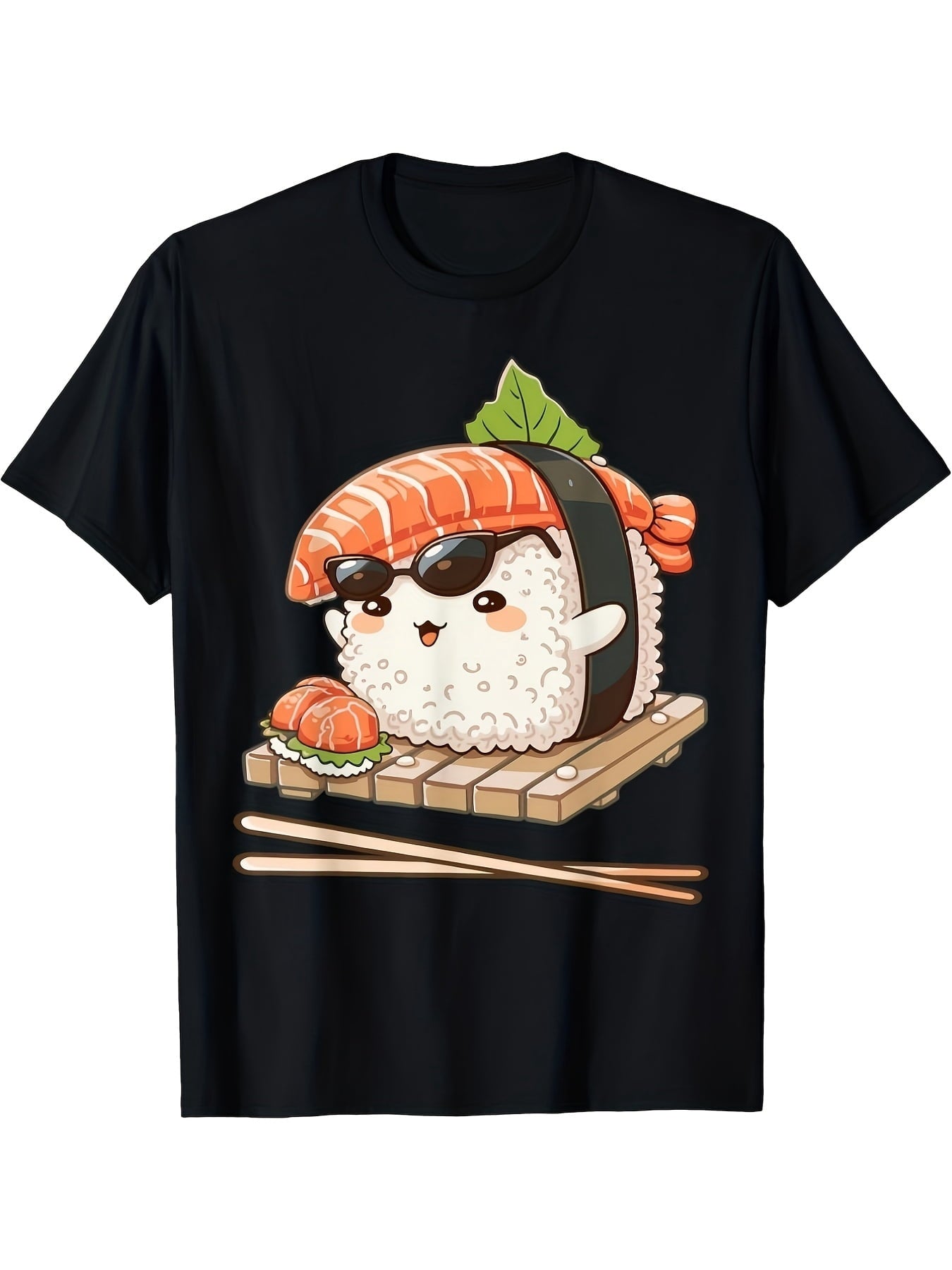 Cute Cool Sunglasses Salmon Nigiri Sushi Anime Graphic Short Sleeve T-Shirt, Unisex Crew Neck Cotton Tee, All Season Kawaii Japanese Food Top, Novelty Gift For Foodies And Sushi Enthusiasts