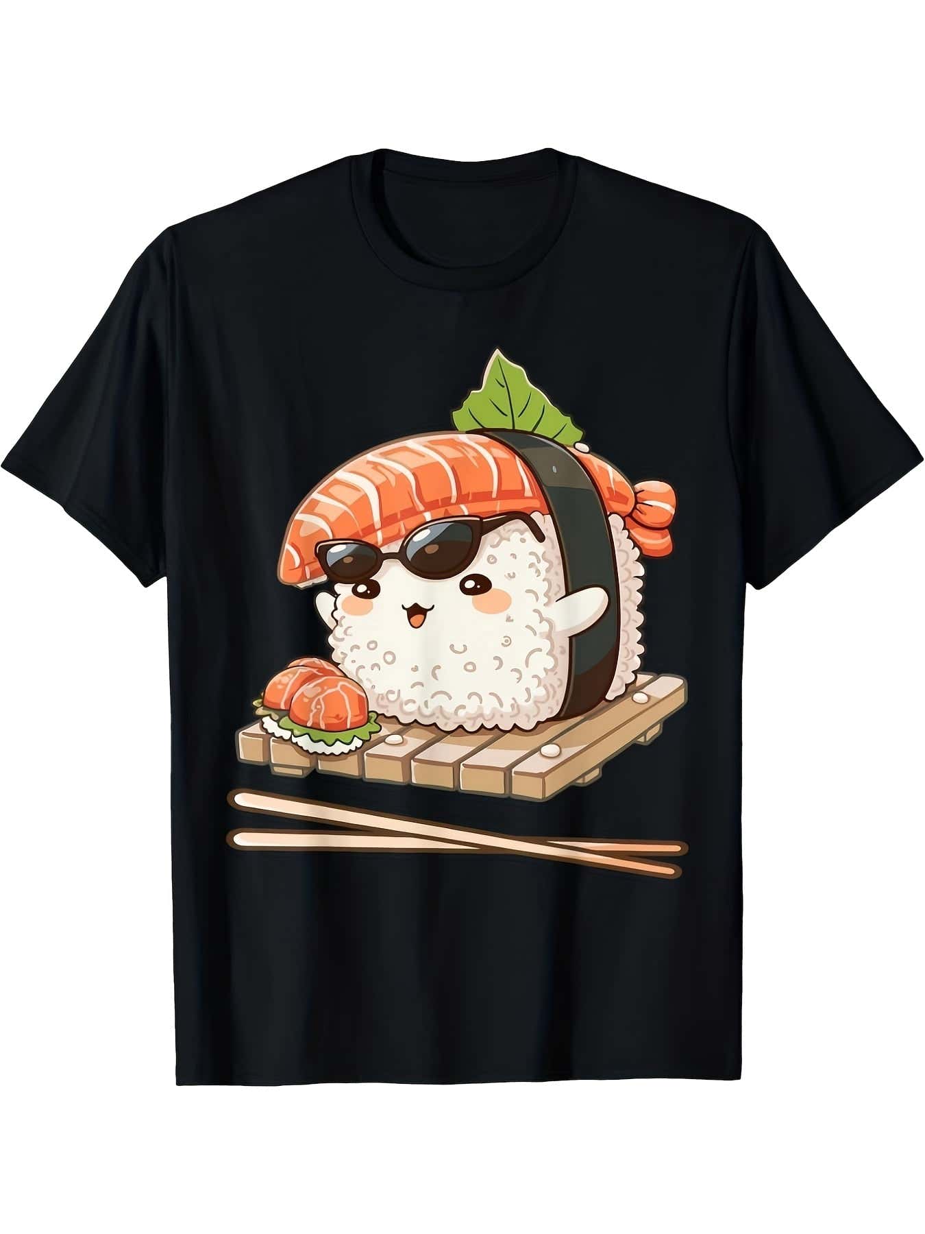 Cute Cool Sunglasses Salmon Nigiri Sushi Anime Graphic Short Sleeve T-Shirt, Unisex Crew Neck Cotton Tee, All Season Kawaii Japanese Food Top, Novelty Gift For Foodies And Sushi Enthusiasts
