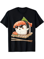 Cute Cool Sunglasses Salmon Nigiri Sushi Anime Graphic Short Sleeve T-Shirt, Unisex Crew Neck Cotton Tee, All Season Kawaii Japanese Food Top, Novelty Gift For Foodies And Sushi Enthusiasts