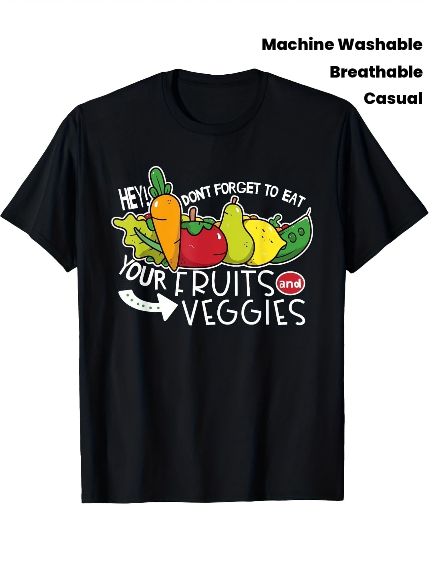 Cute Fruits Veggies Reminder Graphic Tee, Hey Don't Forget To Eat Healthy Food Print Casual Short Sleeve T-Shirt