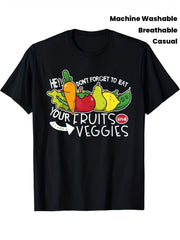 Cute Fruits Veggies Reminder Graphic Tee, Hey Don't Forget To Eat Healthy Food Print Casual Short Sleeve T-Shirt