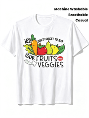 Cute Fruits Veggies Reminder Graphic Tee, Hey Don't Forget To Eat Healthy Food Print Casual Short Sleeve T-Shirt