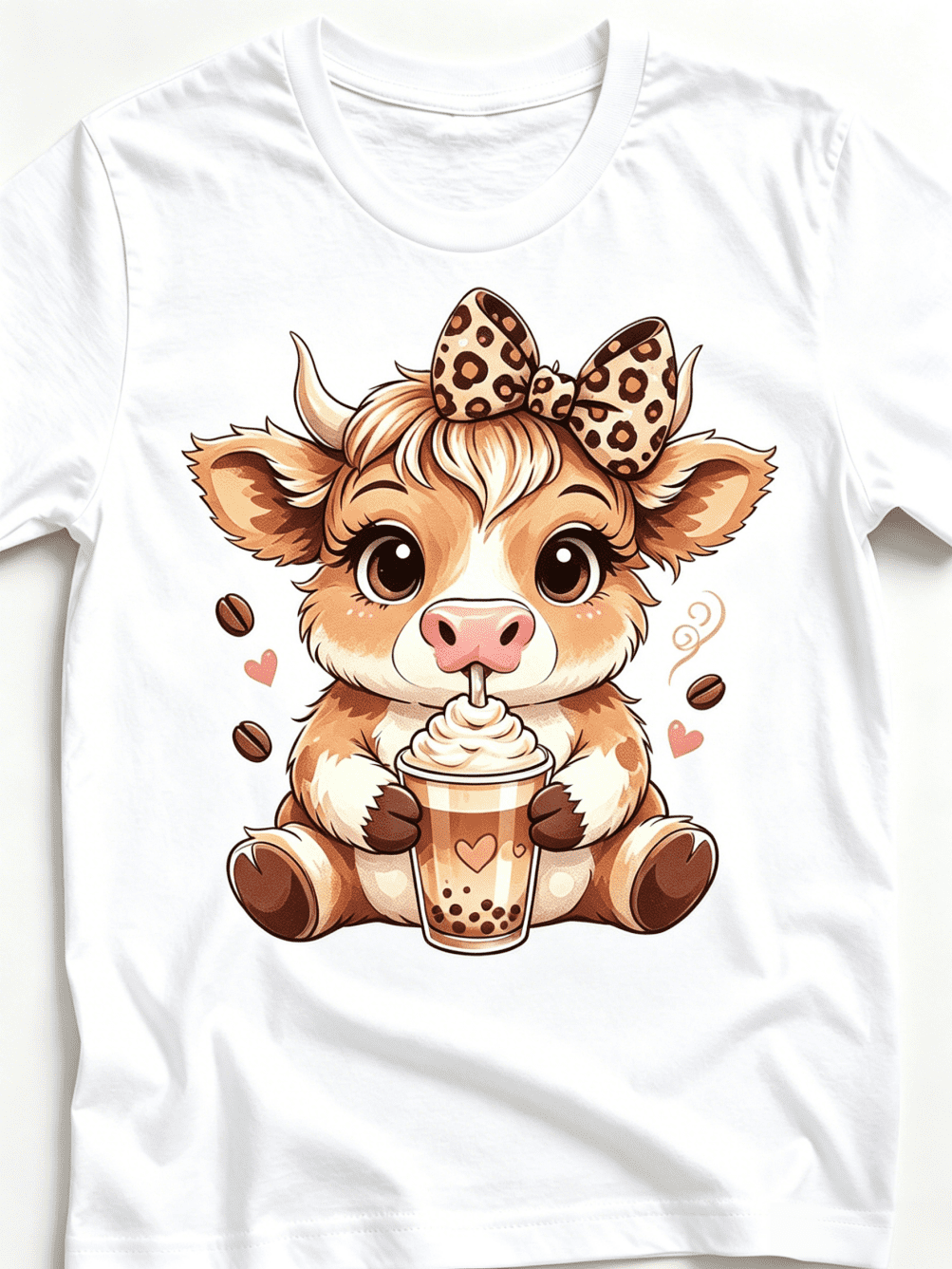 Cute Highland Cow With Leopard Bow Drinking Iced Coffee Graphic T-Shirt Women Casual Crew Neck Short Sleeve Tee