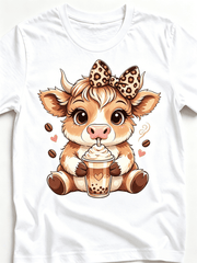 Cute Highland Cow With Leopard Bow Drinking Iced Coffee Graphic T-Shirt Women Casual Crew Neck Short Sleeve Tee