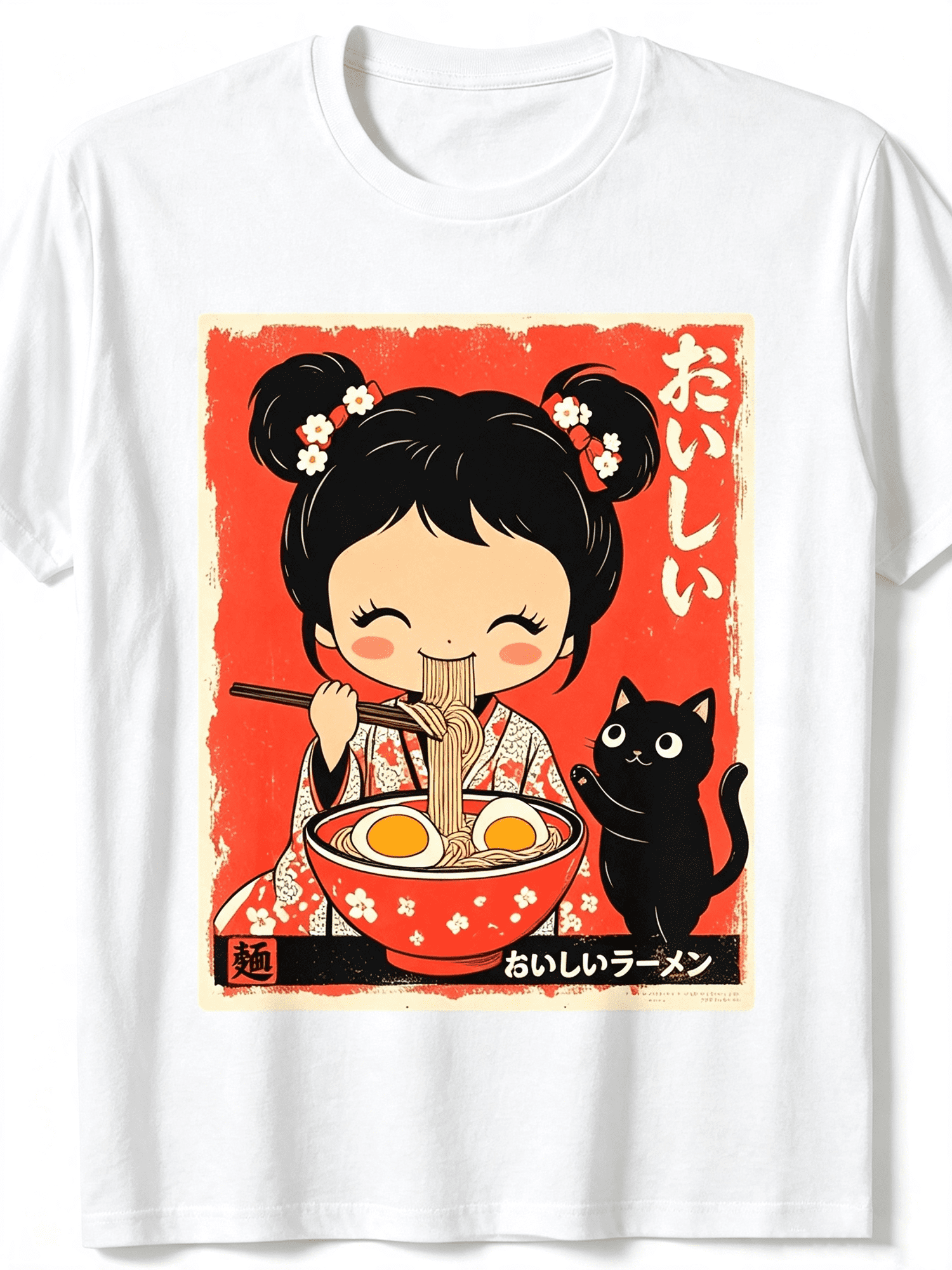Cute Japanese Ramen Girl With Black Cat Graphic T‑Shirt, Retro Vintage Art Crewneck Short Sleeve Tee