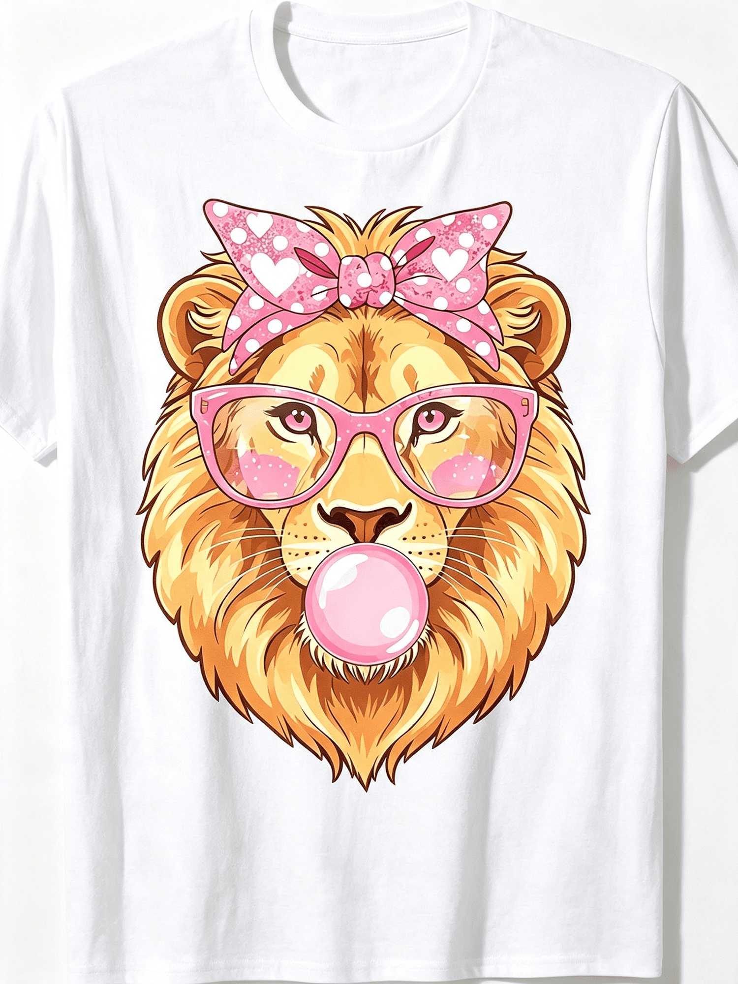 Cute Lion Blowing Bubblegum Graphic T‑Shirt, Pink Bow Glasses Fun Animal Print Crewneck Tee, Casual Short Sleeve Top for Women