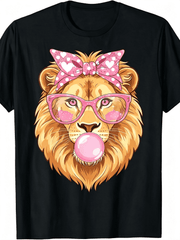 Cute Lion Blowing Bubblegum Graphic T‑Shirt, Pink Bow Glasses Fun Animal Print Crewneck Tee, Casual Short Sleeve Top for Women