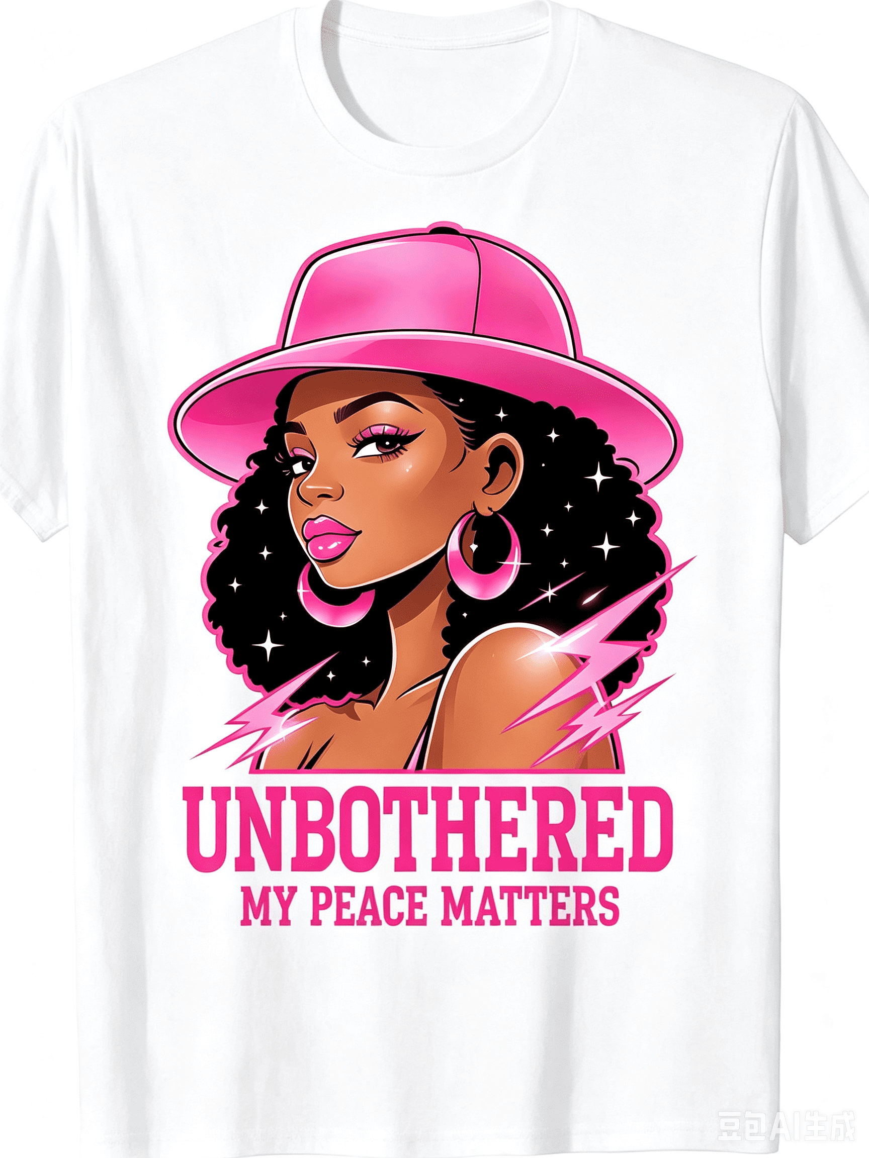 Cute Pink Cap Curly Black Queen Women’s T-Shirt, Unbothered Positive Peace Quote Graphic Tee, Trendy Casual Crew Neck Short Sleeve Top, Inspirational Fashion Gift For Ladies Summer Everyday Outfit