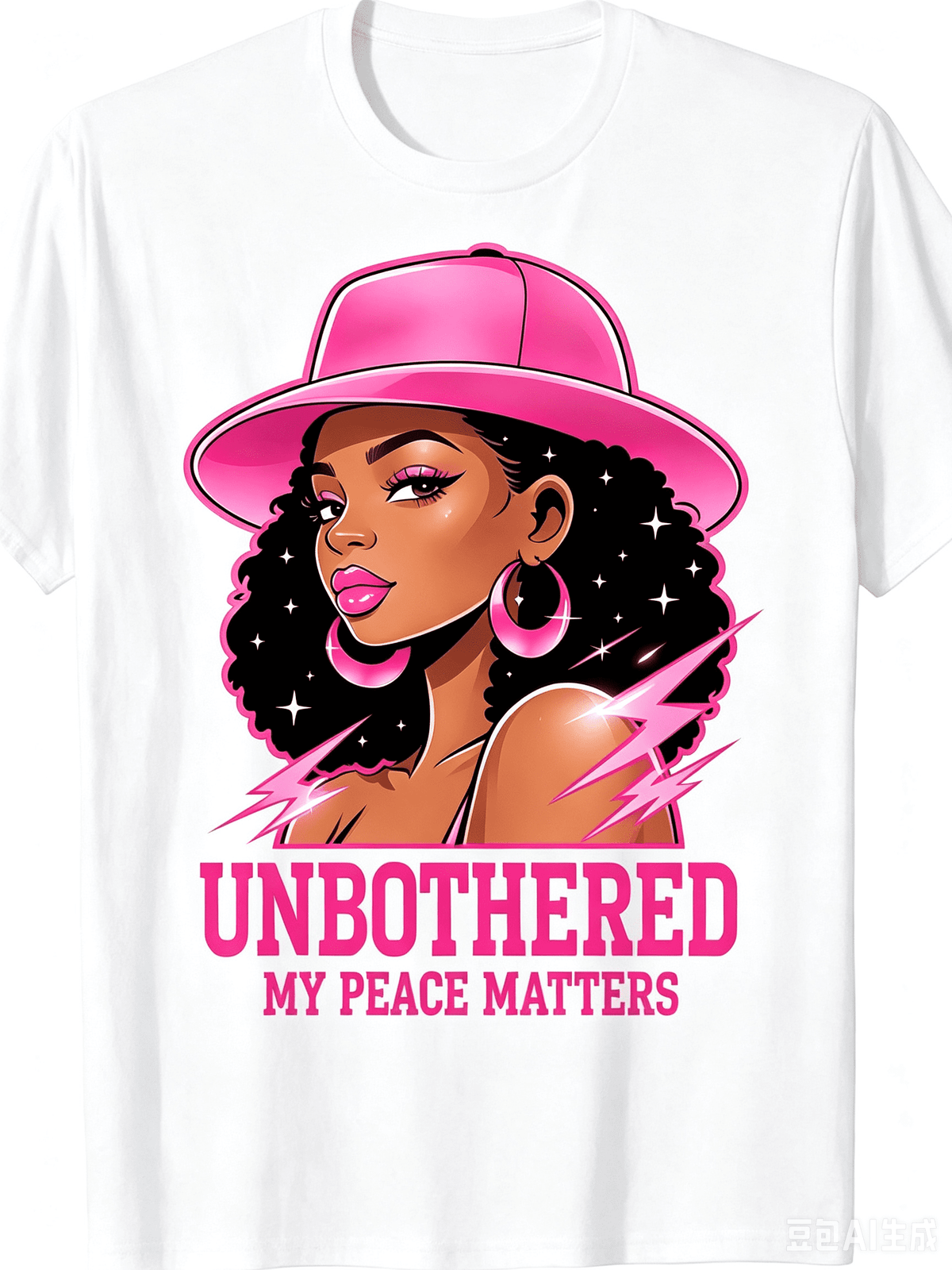 Cute Pink Cap Curly Black Queen Women’s T-Shirt, Unbothered Positive Peace Quote Graphic Tee, Trendy Casual Crew Neck Short Sleeve Top, Inspirational Fashion Gift For Ladies Summer Everyday Outfit