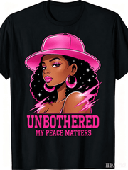Cute Pink Cap Curly Black Queen Women’s T-Shirt, Unbothered Positive Peace Quote Graphic Tee, Trendy Casual Crew Neck Short Sleeve Top, Inspirational Fashion Gift For Ladies Summer Everyday Outfit