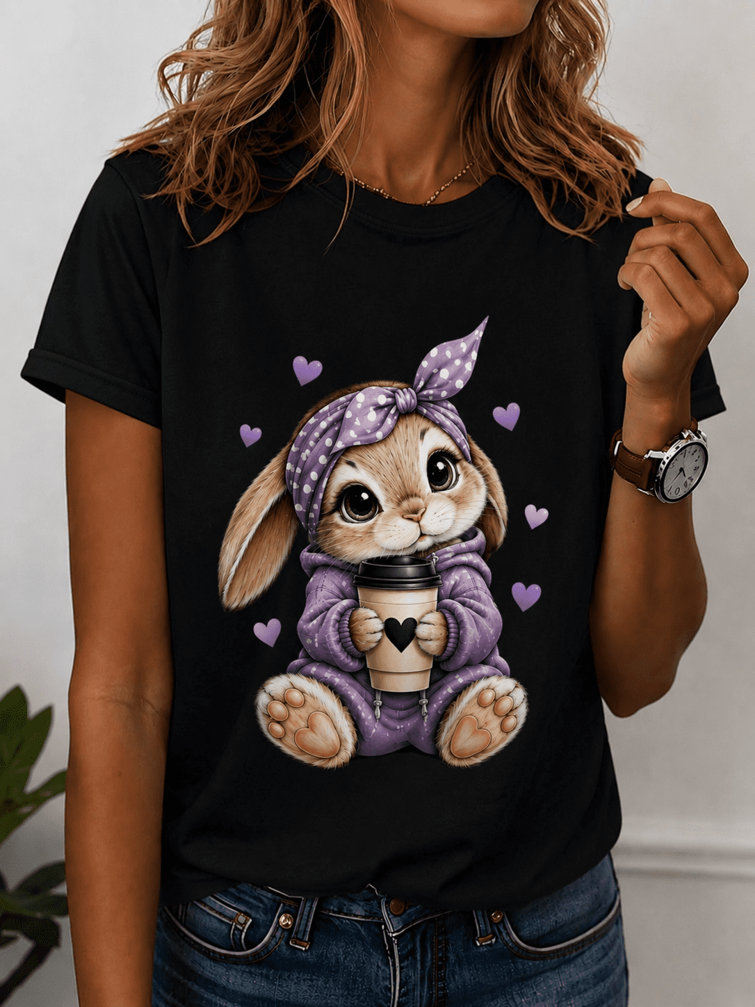 Cute Purple Polka Dot Bandana Bunny Coffee Graphic T-Shirt Women Cozy Rabbit Holding Coffee Cup Purple Hearts Casual Short Sleeve Tee