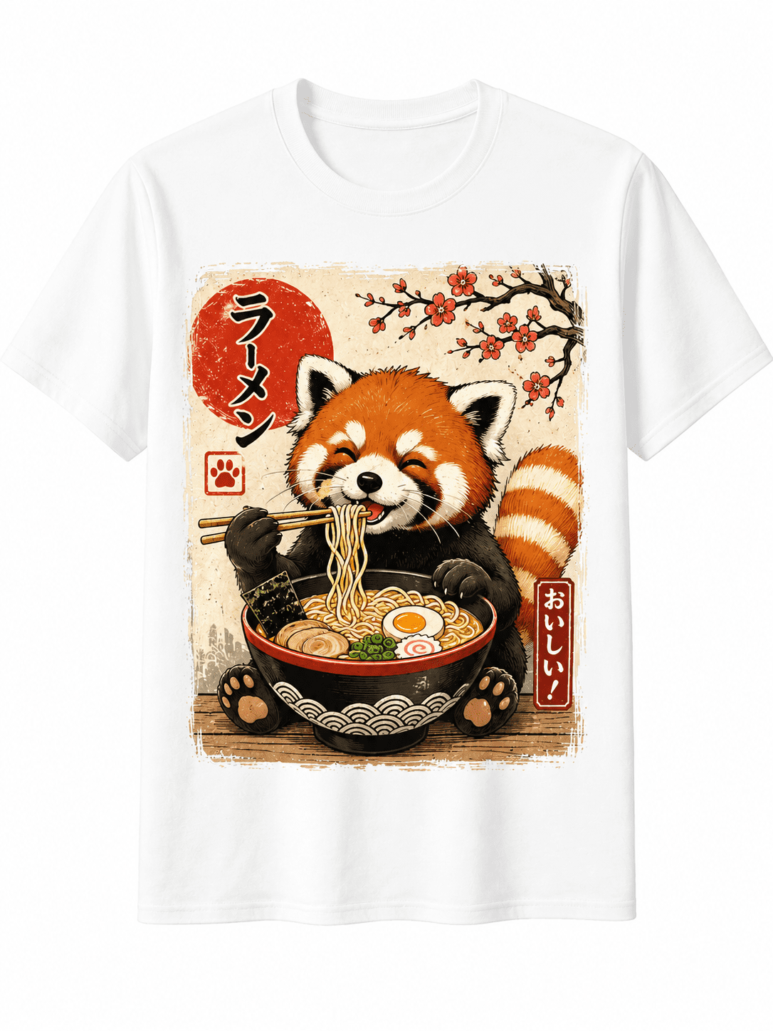 Cute Red Panda Graphic T-Shirt Funny Ramen Lover Japanese Food Art Casual Crew Neck Short Sleeve Tee Unisex