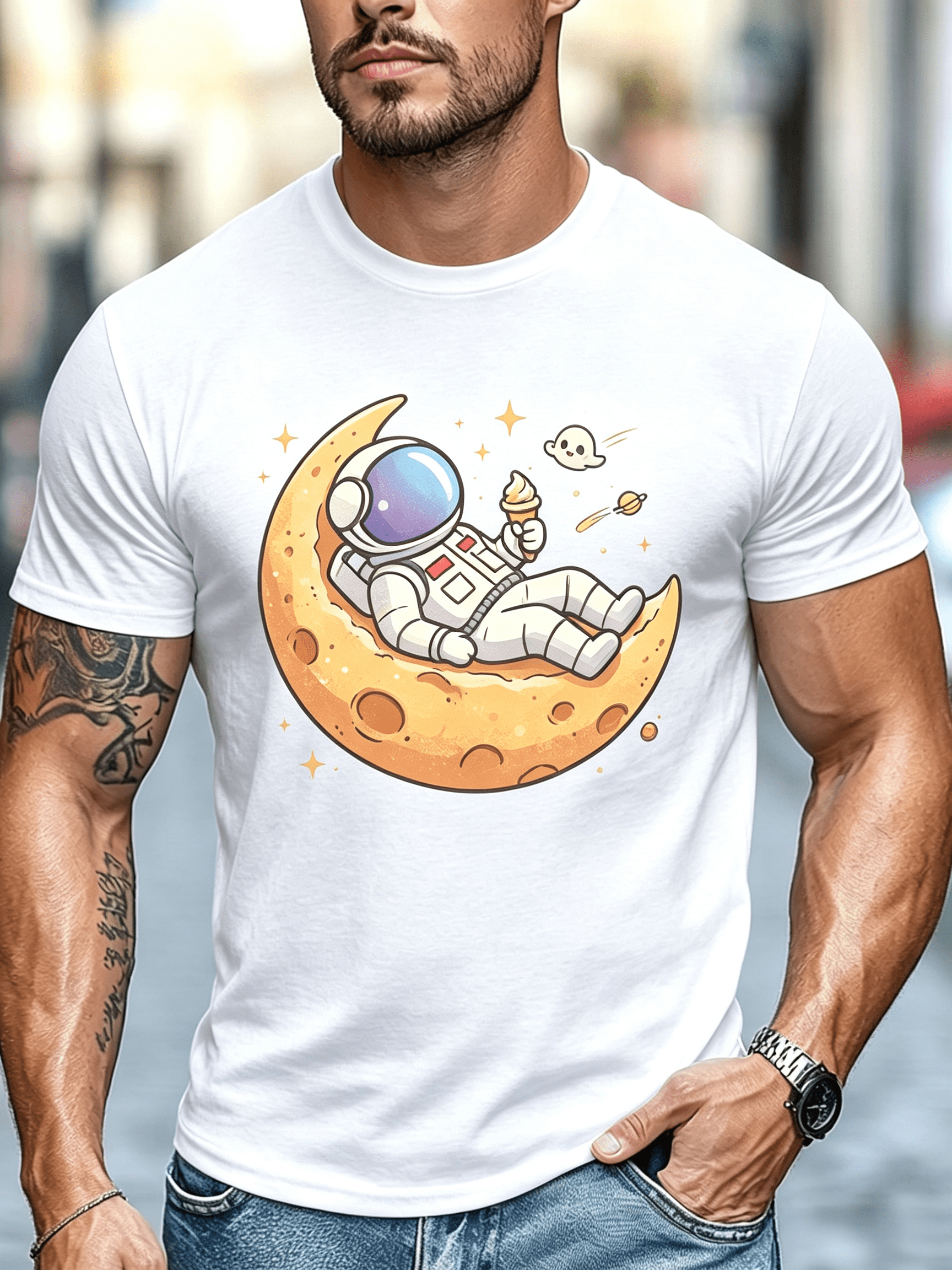 Cute Space Astronaut Relaxing On Moon Graphic T Shirt Galaxy Star Planet Cartoon Design Gift for Space Enthusiast Casual Tee