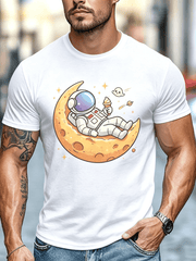 Cute Space Astronaut Relaxing On Moon Graphic T Shirt Galaxy Star Planet Cartoon Design Gift for Space Enthusiast Casual Tee
