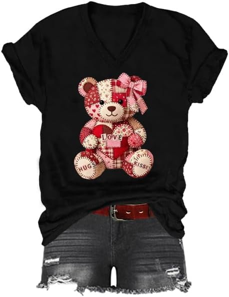 Cute Teddy Bear Shirt, Valentines Day Teddy Bear T-Shirt, Patchwork Love V-Neck Tshirt