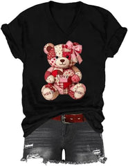Cute Teddy Bear Shirt, Valentines Day Teddy Bear T-Shirt, Patchwork Love V-Neck Tshirt