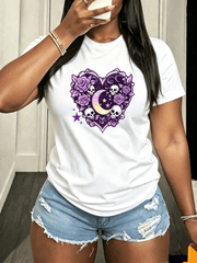 Dark Goth Floral Heart Skull Tshirt, Pastel Purple Rose Crescent Moon Glitter Star Witchy Graphic Short Sleeve Tee, Soft Cotton Halloween Party Outfit Gift for Gothic Lovers