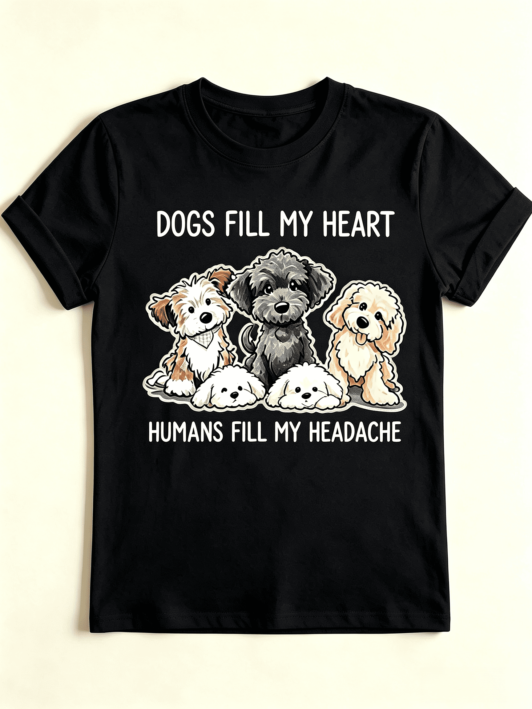 Dogs Fill My Heart Humans Fill My Headache Cute Puppy Graphic T-Shirt Dog Lover Casual Crew Neck Short Sleeve Tee