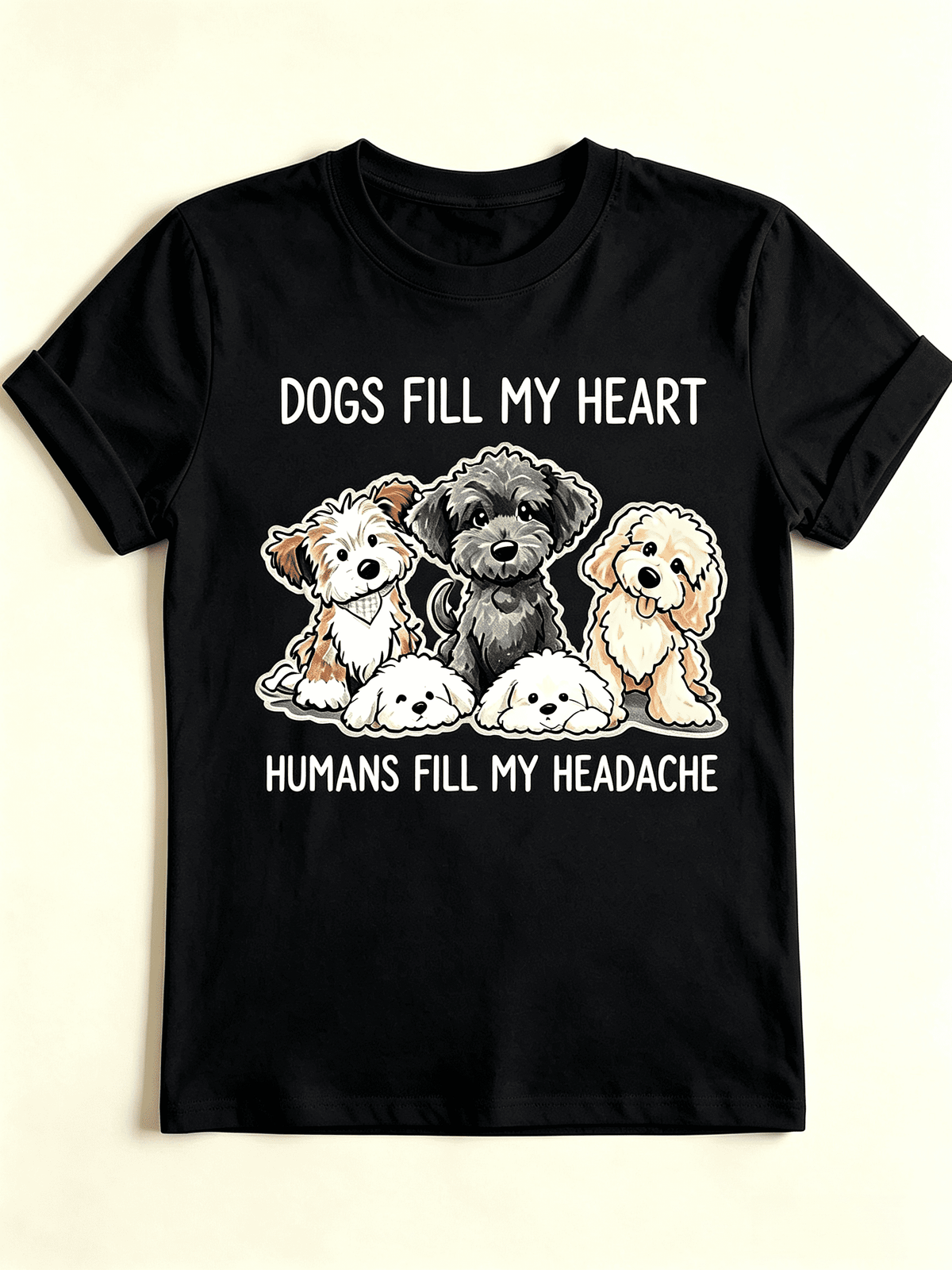 Dogs Fill My Heart Humans Fill My Headache Cute Puppy Graphic T-Shirt Dog Lover Casual Crew Neck Short Sleeve Tee